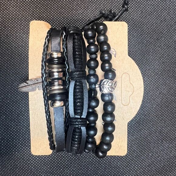 Set of 5 Black Beaded and Leather Bracelets with Feather Charm - Picture 4 of 5